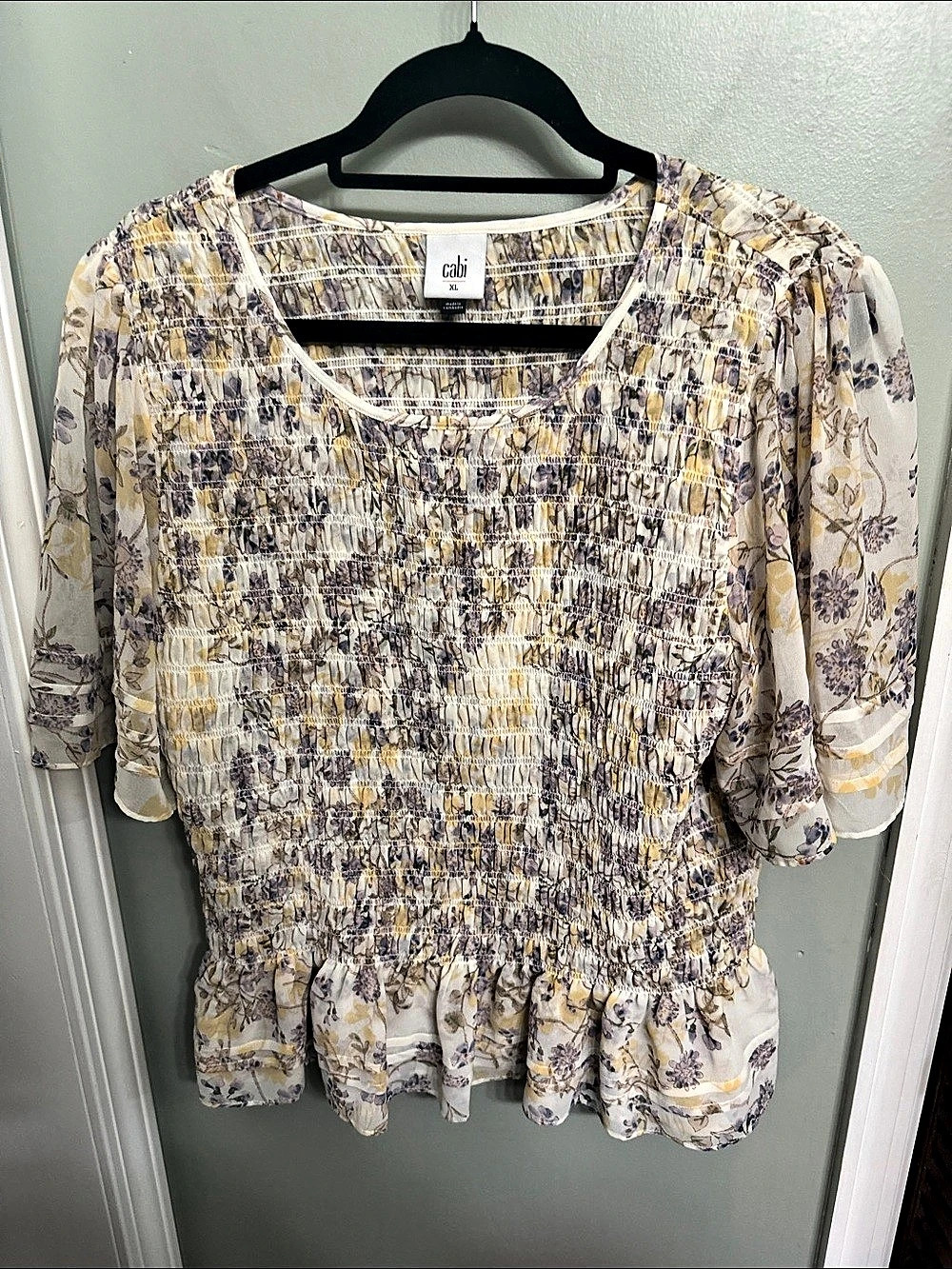 Cabi Angel Top Abstract Peplum Blouse Cream & Yellow XL